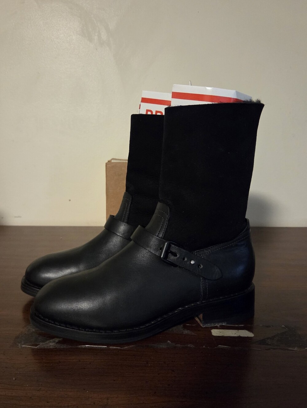 Rag & Bone Oliver Black Leather Suede Shearling Moto Boots Womens Sz 37.5 US 7.5